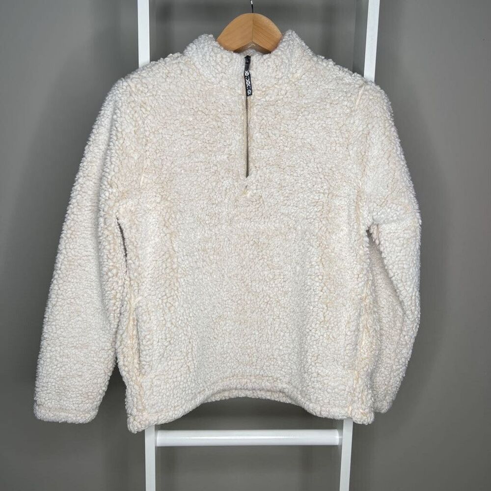 Emily B 1/4 Zip Pullover Jacket Womens M White Cream Faux Sherpa Pockets Lg Slv